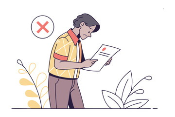 Rejected application: A person is shown examining a document with a symbol of rejection, showcasing a moment of disappointment or denial amidst a light setting.