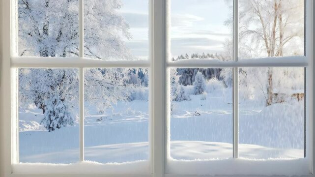 Snow-covered landscape viewed through a window frames a peaceful winter scene in a rural setting