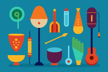 A colorful assortment of musical instruments and objects in a flat design