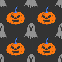 Halloween pumpkins and little ghost seamless pattern
