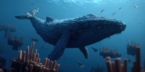 Pixelated whale in underwater scene