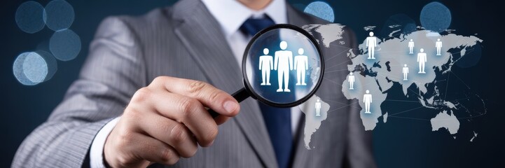 A businessperson examines a global network of people.