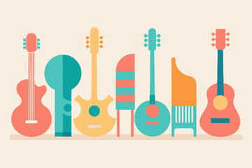 A colorful collection of stylized guitars and musical instruments