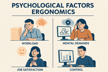 Psychological Factors: Ergonomic Insights. A detailed illustration delves into the psychological elements of work, examining aspects such as workload, mental demands, job satisfaction.