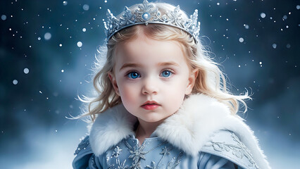 Snow queen princess – Cute toddler girl in winter fantasy scene, with dreamy snowflake background