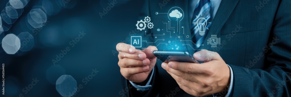 Poster businessperson using a smartphone with digital technology interface.