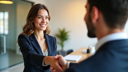 Obraz premium Smiling businesswoman shaking hands during office meeting