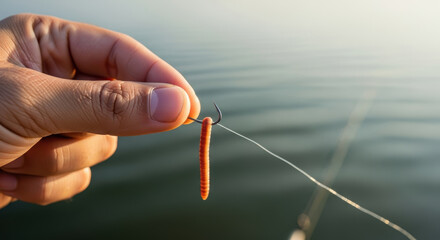 Close up of fisherman's hand baiting fishing hook with earthworm by calm lake water at sunrise on tranquil morning angling outing