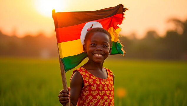 Young Ugandan girl dressed in a gomesi holding the national flag with pride, standing in a green village field at sunrise, warm golden light, joyful and patriotic expression
