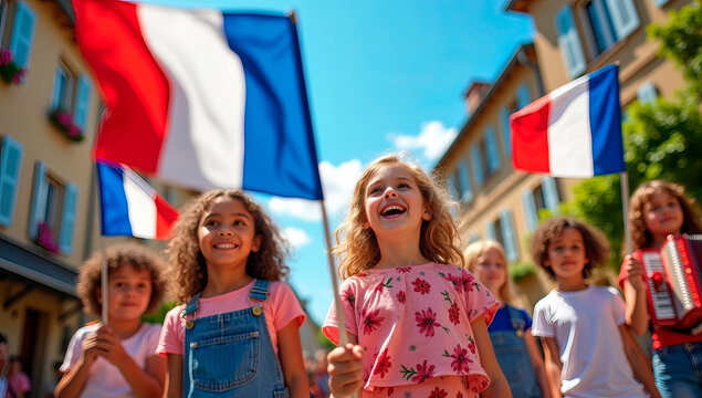 A group of joyful children wave French flags while participating in a lively community celebration. The bright summer day adds to the festive atmosphere as they enjoy the moment together. - Powered by Adobe