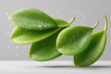 Fresh green leaves with water droplets on grey background