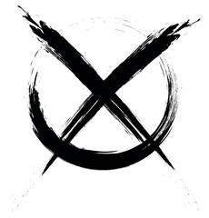 A striking black ink brushstroke design, featuring an "X" overlaid within a circle.