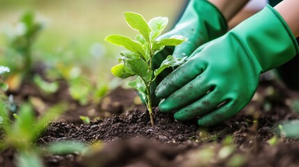 Close-up of hands in green gardening gloves gently placing soil around newly planted sapling, water droplets visible on leaves, shallow depth of field