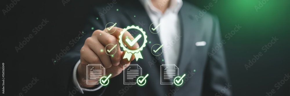 Aufkleber hand pointing at approval icons on a digital interface.