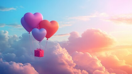 Fototapeta premium A Box flying on a parachute with pink cloud in valentine day,package flying down from sky and cloud with parachute, concept for delivery service,shopping online,air delivery service.