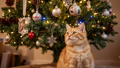 Orange cat sitting by decorated Christmas tree with ornaments  