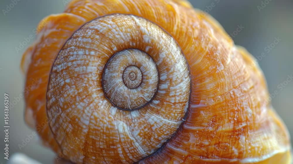Poster spiral shell resting on sandy surface with intricate patterns and warm colors under natural sunlight