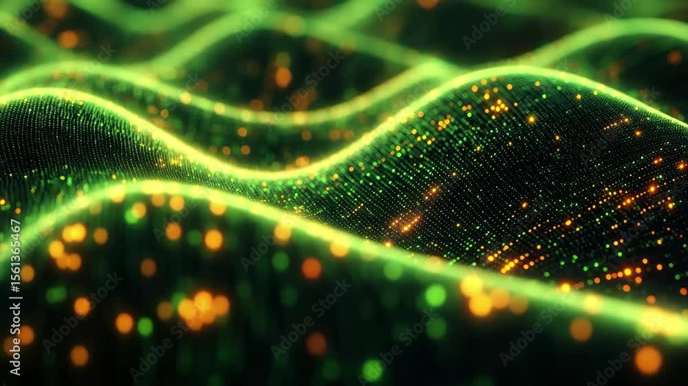 Poster digital waveform patterns illuminated in green and gold hues create a mesmerizing visual experience 