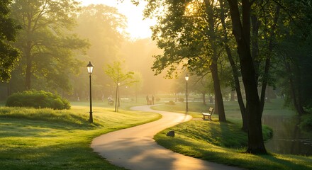 Obraz premium Park Pathway at Sunrise