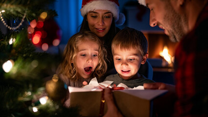 Excited children opening a Christmas present by the tree with their parents on a cozy winter evening, fireplace in background – Generative AI