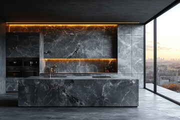 Modern minimalist kitchen interior design with city view and luxury finishes