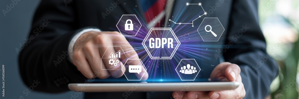 Poster person using a tablet with gdpr information displayed.