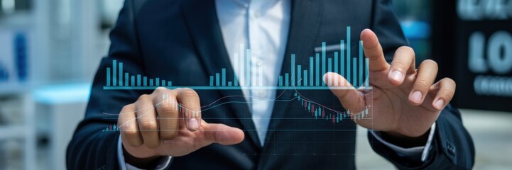 Person interacting with a holographic financial graph.