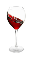 Red wine splashing inside the glass isolated on white background