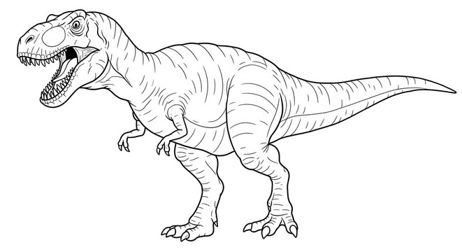 Jurassic Dinosaurus Tyrex in the jungle coloring page for kids A4 F4 Drawing book black and white background