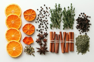 Balanced layout of whole and ground spices, dried citrus peels,