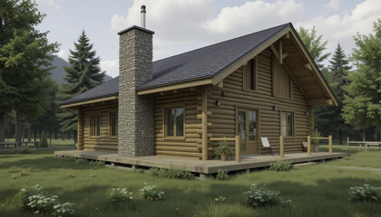 Cozy log cabin with stone chimney sits in lush forest setting, surrounded by tall trees and grassy lawn. wooden structure features spacious porch, creating serene and inviting atmosphere