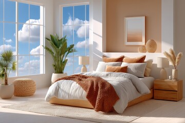Bright bedroom with earthy decor and sunlight through large windows