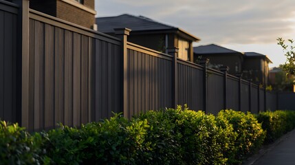 Fototapeta premium Minimalist warm gray fence in a modern housing complex at sunset