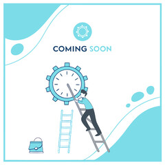 Coming soon illustration with man climbing ladder to adjust clock hands in a stylized graphic design layout