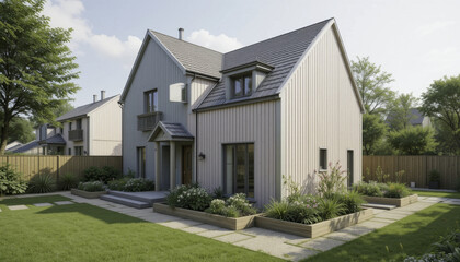 Fototapeta premium Modern suburban house with gabled roof and light colored siding is surrounded by well maintained garden. yard features neatly arranged flower beds and paved walkway, creating serene and inviting