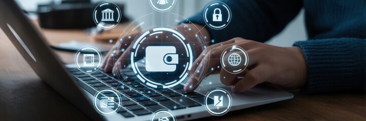 Person using a laptop with digital financial icons overlayed.