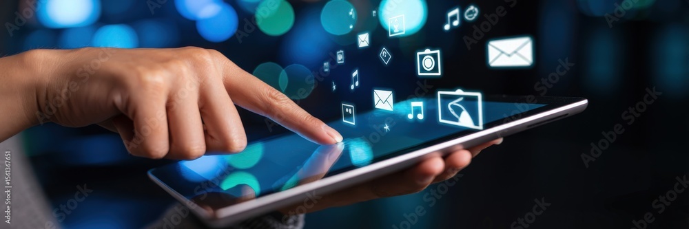 Poster close-up of a hand interacting with a digital tablet displaying various media icons.