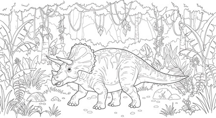 Obraz premium Jurassic Dinosaurus Tyrex in the jungle coloring page for kids A4 F4 Drawing book black and white background