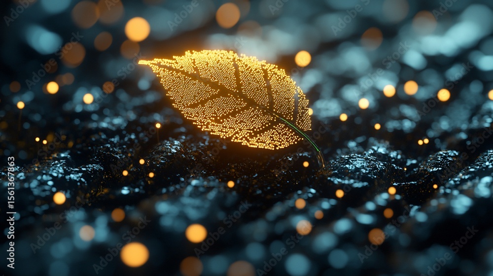 Poster golden leaf on dark textured surface with bokeh background