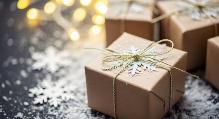 Festive brown gift boxes with snowflake ornaments and gold twine for Christmas