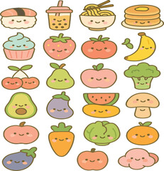 Kawaii Food and Fruit Icons – Cute Cartoon Doodle Clipart Bundle


