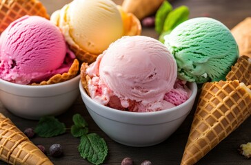 Bright colorful scoops of ice cream in ceramic bowls with waffle cones
