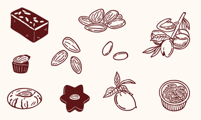 almond elements sketch hand drawn illustration - vector doodle collection set