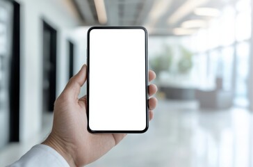 Businessman hand holding phone with blank screen, white office background,