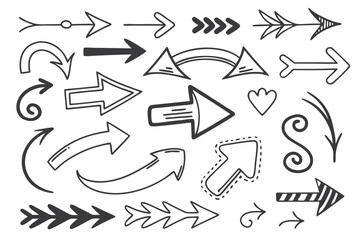 Hand-Drawn Arrows Collection in Vector Sketch Style Featuring Zigzag, Circular, and Curved Black Icons for UI Navigation Projects, Infographic Templates, and Presentations.

