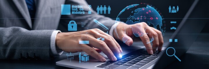 Hands typing on a laptop with global data visualization.