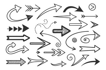 Hand-Drawn Arrow Set in Vector Sketch Style Featuring Circular, Zigzag, and Curved Black Icons for UI Navigation Templates, Infographics, and Presentation Designs.

