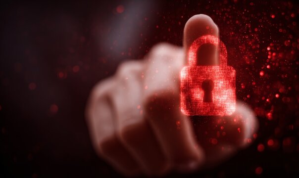 A glowing red lock icon with a finger pointing towards it, symbolizing security in a digital environment.