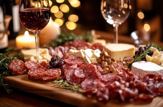 Close-up of premium cheese and charcuterie board with wine pairing - Powered by Adobe