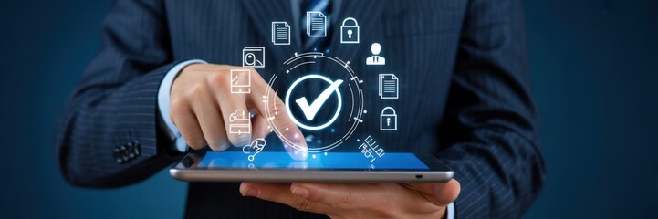 Businessperson using a tablet with digital interface icons.